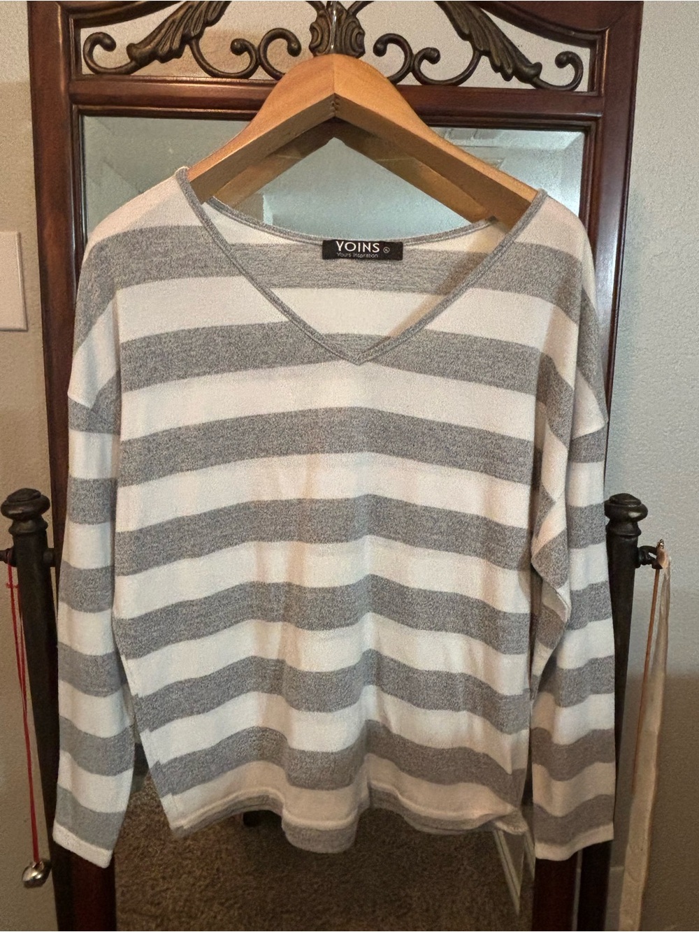 Gray and White Striped V-Neck Long Sleeve Sweater